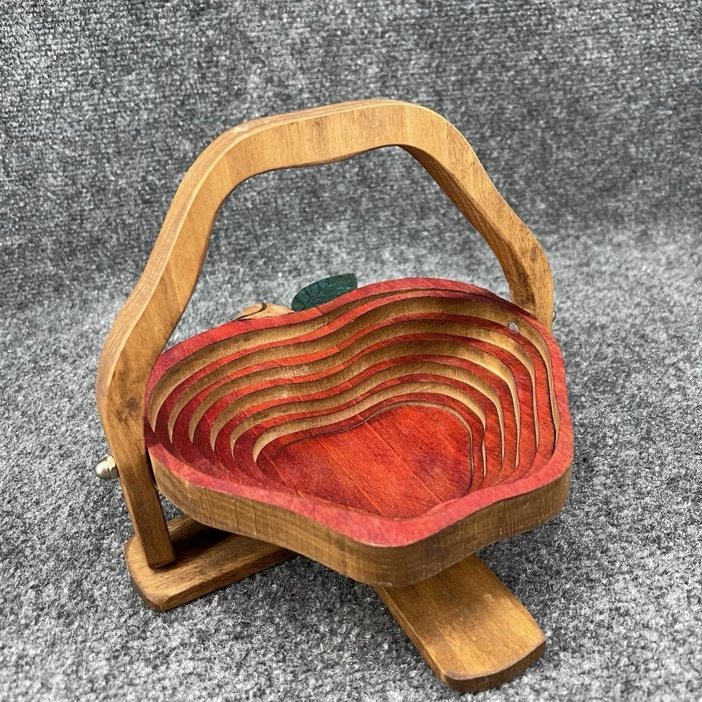 Folding Wooden Red Apple Shaped Fruit Bowl Basket Trivet Collapsible Standing